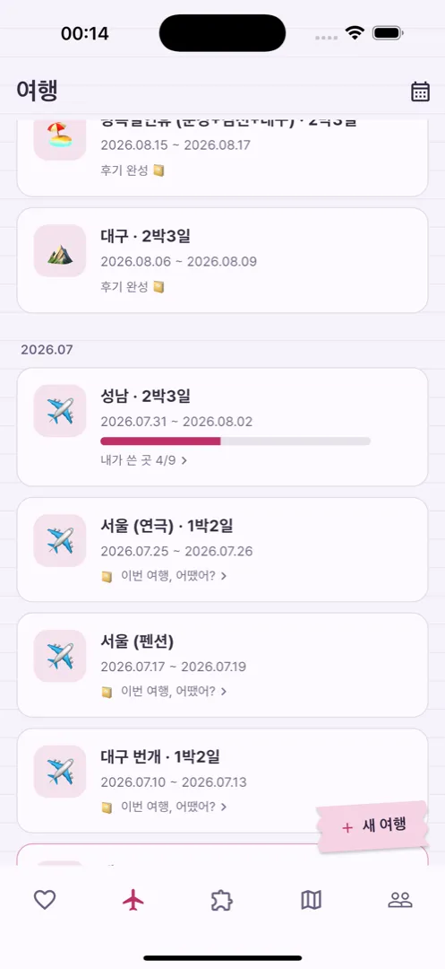 여행 탭. 다녀온 여행이 월별로 정리되고, 후기 완성 여부와 내가 쓴 곳 진행률이 보이는 화면